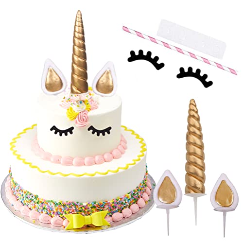 Einhorn Tortendeko, Geburtstagsdeko Kuchen Gold Cake Topper Kuchendeko, Einhorn Horn Ohren und Wimpern Torte Deko für Mädchen Junge Kinder...