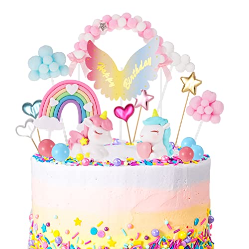 Opopark 26 Stück Einhorn Tortendeko Regenbogen Tortendeko Happy Birthday Torten Topper Luftballon Sternen Cake-Topper Kuchen Aufsätze für Mädchen...