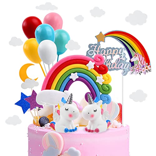 OSDUE Einhorn Tortendeko Geburtstag, Kuchendeko, Macaron Kuchen Deko, Happy Birthday, Topper Einhorn, Regenbogen, Wolke, Ballon für Kinder Mädchen...